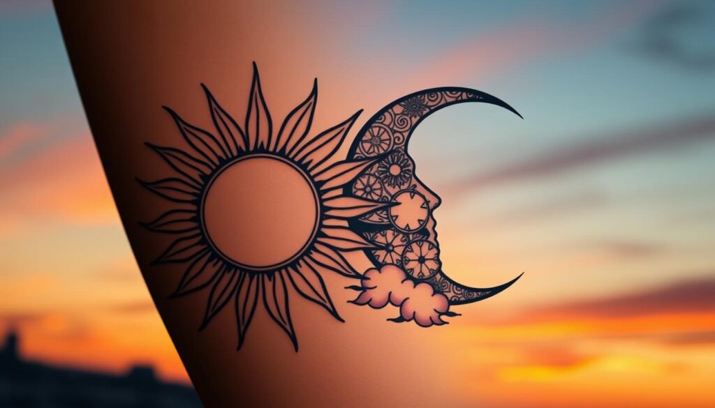 A modern tattoo design featuring both the sun and moon, artistically intertwined to symbolize harmony between opposites. The foreground showcases a bold, stylized sun with radiant beams emanating outward, blending into a crescent moon adorned with intricate patterns and celestial motifs. In the middle, soft wisps of clouds provide a surreal backdrop that enhances the celestial theme. The background includes subtle gradients of twilight hues, transitioning from warm oranges and yellows to cool blues and purples, creating a mystical atmosphere. The image should be illuminated with soft, ethereal lighting that highlights the details of the tattoos. Capture the essence of modern art with a focus on elegance and balance, ensuring a professional, clean composition without any text or distracting elements. A modern tattoo design featuring both the sun and moon, artistically intertwined to symbolize harmony between opposites. The foreground showcases a bold, stylized sun with radiant beams emanating outward, blending into a crescent moon adorned with intricate patterns and celestial motifs. In the middle, soft wisps of clouds provide a surreal backdrop that enhances the celestial theme. The background includes subtle gradients of twilight hues, transitioning from warm oranges and yellows to cool blues and purples, creating a mystical atmosphere. The image should be illuminated with soft, ethereal lighting that highlights the details of the tattoos. Capture the essence of modern art with a focus on elegance and balance, ensuring a professional, clean composition without any text or distracting elements.