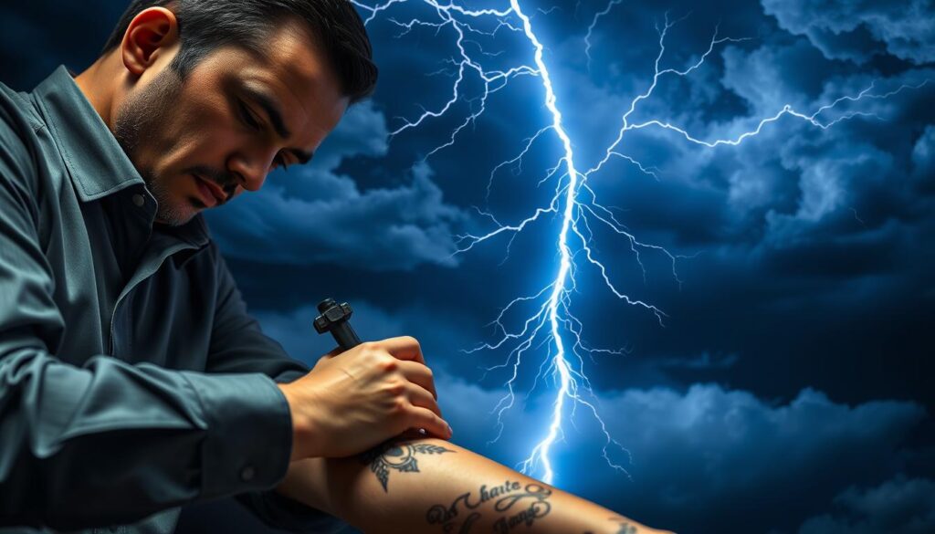 A powerful lightning bolt striking dramatically across a dark stormy sky, illuminating the scene with a vivid white and blue glow. In the foreground, a tattoo artist's skilled hands are gently applying a lightning tattoo on a client's forearm, showcasing intricate designs that symbolize strength and sudden change. The artist is dressed in smart casual attire, focused and serene amidst the electrifying ambiance. In the background, dark clouds swirl ominously, hinting at the energy of nature, with flashes of light that mirror the tattoo's boldness. The lighting is dynamic, capturing the contrast between the electric brightness of the lightning and the shadowy surroundings. The overall mood evokes a sense of awe and transformation, reflecting the cultural significance of lightning in tattoos. A powerful lightning bolt striking dramatically across a dark stormy sky, illuminating the scene with a vivid white and blue glow. In the foreground, a tattoo artist's skilled hands are gently applying a lightning tattoo on a client's forearm, showcasing intricate designs that symbolize strength and sudden change. The artist is dressed in smart casual attire, focused and serene amidst the electrifying ambiance. In the background, dark clouds swirl ominously, hinting at the energy of nature, with flashes of light that mirror the tattoo's boldness. The lighting is dynamic, capturing the contrast between the electric brightness of the lightning and the shadowy surroundings. The overall mood evokes a sense of awe and transformation, reflecting the cultural significance of lightning in tattoos.