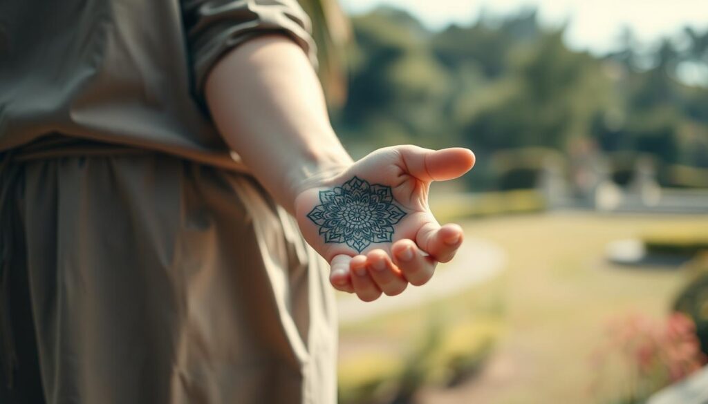 A serene and artistic portrayal of a person showcasing a mandala tattoo on their forearm, emphasizing the intricate details and symmetrical patterns of the tattoo. The subject is dressed in a modest, casual outfit, providing a contrast to the vibrant colors of the tattoo. Soft, natural lighting highlights the tattoo's details, casting gentle shadows that enhance its complexity. In the background, a blurred, peaceful outdoor setting symbolizes harmony and meditation, such as a calming garden or tranquil park. The angle should be slightly elevated, focusing on the arm and allowing viewers to appreciate the tattoo's design and placement. The overall atmosphere is tranquil and meditative, reflecting the essence of a mandala tattoo. A serene and artistic portrayal of a person showcasing a mandala tattoo on their forearm, emphasizing the intricate details and symmetrical patterns of the tattoo. The subject is dressed in a modest, casual outfit, providing a contrast to the vibrant colors of the tattoo. Soft, natural lighting highlights the tattoo's details, casting gentle shadows that enhance its complexity. In the background, a blurred, peaceful outdoor setting symbolizes harmony and meditation, such as a calming garden or tranquil park. The angle should be slightly elevated, focusing on the arm and allowing viewers to appreciate the tattoo's design and placement. The overall atmosphere is tranquil and meditative, reflecting the essence of a mandala tattoo.