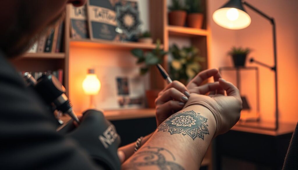 A serene tattoo studio setting, showcasing a skilled tattoo artist focused on creating an intricate mandala tattoo on a client's forearm. The foreground features close-up details of the tattoo equipment, including a tattoo machine, ink caps, and fine liners, arranged neatly beside the artist. The middle ground reveals the artist's hand carefully applying the design to the client's skin, with geometric patterns and floral motifs emerging as the mandala takes shape. In the background, soft, warm lighting enhances the tranquil ambiance, with wooden shelves displaying tattoo inspiration books and potted plants, promoting a feeling of harmony and meditation. The atmosphere is calm, inviting creativity and focus, reflecting the essence of mandala tattoos. A serene tattoo studio setting, showcasing a skilled tattoo artist focused on creating an intricate mandala tattoo on a client's forearm. The foreground features close-up details of the tattoo equipment, including a tattoo machine, ink caps, and fine liners, arranged neatly beside the artist. The middle ground reveals the artist's hand carefully applying the design to the client's skin, with geometric patterns and floral motifs emerging as the mandala takes shape. In the background, soft, warm lighting enhances the tranquil ambiance, with wooden shelves displaying tattoo inspiration books and potted plants, promoting a feeling of harmony and meditation. The atmosphere is calm, inviting creativity and focus, reflecting the essence of mandala tattoos.
