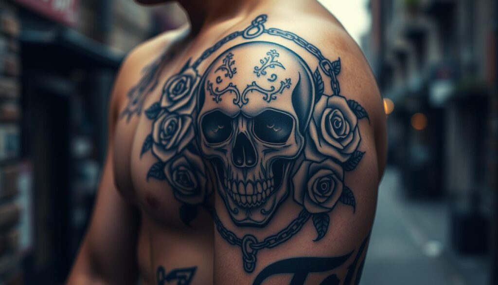A striking tattoo design featuring a skull at its center, embodying themes of death and rebellion. The skull is intricately detailed, showcasing a combination of ornate patterns and realistic shading. Surrounding the skull, morbid yet artistic elements like roses and chains subtly convey the concept of "memento mori." In the foreground, soft, diffused lighting highlights the texture of the tattoo, creating a somber yet captivating atmosphere. The background should be a blurred urban setting, hinting at a rebellious spirit, while maintaining a sense of mystery. Aim for a close-up perspective that draws the viewer's gaze directly to the tattoo, emphasizing its significance and artistic complexity. The overall mood should evoke contemplation and appreciation for the symbolism behind the skull tattoo.
