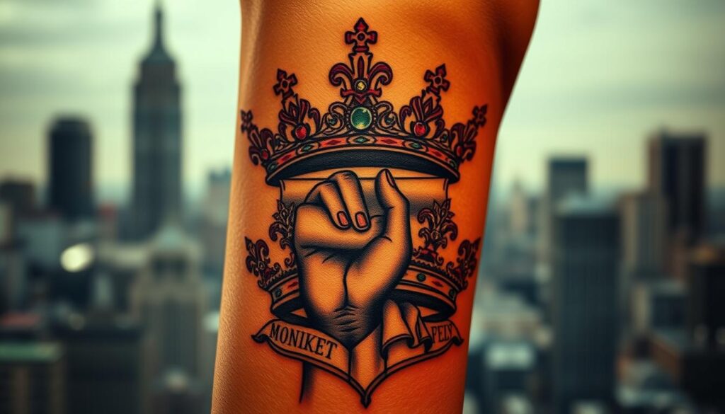 A striking tattoo design showcasing a crown, symbolizing power, honor, and personal values. In the foreground, the crown is prominently displayed, adorned with intricate details like gemstones and ornate patterns. The middle layer features a hand gently holding a scroll that represents personal manifestos or beliefs. In the background, a blurred silhouette of a city skyline deeply rooted in tradition and ambition adds depth to the scene. Soft, warm lighting creates an inviting atmosphere, highlighting the textures of the tattoo while casting gentle shadows. The camera angle is slightly elevated, allowing for a dramatic perspective on the crown and scroll. The overall mood is empowering and reflective, emphasizing the significance of the crown tattoo in expressing personal values and life mastery. A striking tattoo design showcasing a crown, symbolizing power, honor, and personal values. In the foreground, the crown is prominently displayed, adorned with intricate details like gemstones and ornate patterns. The middle layer features a hand gently holding a scroll that represents personal manifestos or beliefs. In the background, a blurred silhouette of a city skyline deeply rooted in tradition and ambition adds depth to the scene. Soft, warm lighting creates an inviting atmosphere, highlighting the textures of the tattoo while casting gentle shadows. The camera angle is slightly elevated, allowing for a dramatic perspective on the crown and scroll. The overall mood is empowering and reflective, emphasizing the significance of the crown tattoo in expressing personal values and life mastery.