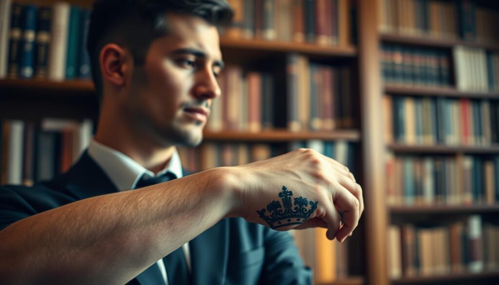 A striking tattoo of a crown, elegantly inked on a person's forearm, symbolizes power and honor. The crown features intricate details such as jewels, filigree, and sharp edges, catching the light in a way that enhances its royal appeal. The person, dressed in professional business attire, gazes thoughtfully at their tattoo, a subtle hint of pride in their expression. In the background, a blurred library setting filled with shelves of literature and cultural artifacts hints at the depth of interpretation in culture and literature. Soft, warm lighting highlights the tattoo and the person’s contemplative mood, using a shallow depth of field to focus on the tattoo while creating a serene and introspective atmosphere. A striking tattoo of a crown, elegantly inked on a person's forearm, symbolizes power and honor. The crown features intricate details such as jewels, filigree, and sharp edges, catching the light in a way that enhances its royal appeal. The person, dressed in professional business attire, gazes thoughtfully at their tattoo, a subtle hint of pride in their expression. In the background, a blurred library setting filled with shelves of literature and cultural artifacts hints at the depth of interpretation in culture and literature. Soft, warm lighting highlights the tattoo and the person’s contemplative mood, using a shallow depth of field to focus on the tattoo while creating a serene and introspective atmosphere.