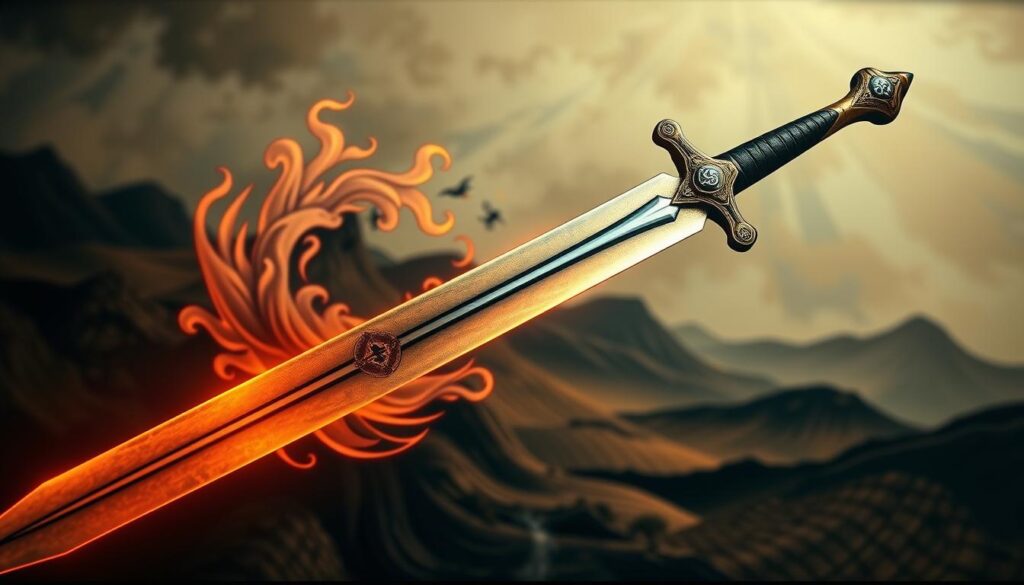 A stunning tattoo composition featuring a sword, elegantly designed with intricate details and cultural motifs. In the foreground, the sword is sharply defined, its blade gleaming as if reflecting soft light, adorned with symbols representing justice and courage. In the middle ground, an artistic representation of flames or waves envelops the sword, swirling around it, adding a dynamic movement. The background showcases an abstract, muted landscape that evokes a sense of ancient tradition, blending with earthy tones to enhance the sword's prominence. The overall atmosphere is one of honor and bravery, illuminated by a warm, ambient glow. The scene is artfully captured from a slightly elevated angle, giving depth to the composition while keeping the focus on the tattoo's artistry. A stunning tattoo composition featuring a sword, elegantly designed with intricate details and cultural motifs. In the foreground, the sword is sharply defined, its blade gleaming as if reflecting soft light, adorned with symbols representing justice and courage. In the middle ground, an artistic representation of flames or waves envelops the sword, swirling around it, adding a dynamic movement. The background showcases an abstract, muted landscape that evokes a sense of ancient tradition, blending with earthy tones to enhance the sword's prominence. The overall atmosphere is one of honor and bravery, illuminated by a warm, ambient glow. The scene is artfully captured from a slightly elevated angle, giving depth to the composition while keeping the focus on the tattoo's artistry.