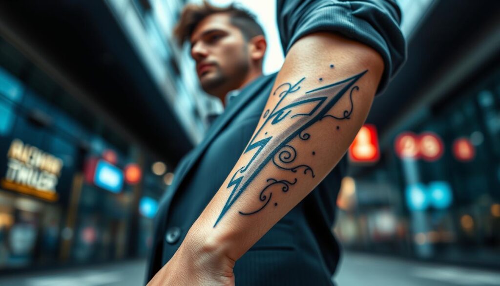 A stunning tattoo of a lightning bolt, designed in a striking and artistic style, placed prominently on a person's forearm. The tattoo features intricate details, swirling patterns, and dynamic shading that emphasize its energy and intensity. In the middle ground, the individual is dressed in a smart casual outfit, showcasing the tattoo while standing against a blurred urban backdrop. The atmosphere is vibrant and alive, invoking a sense of movement and power. Soft, natural lighting highlights the tattoo's gleam, while a shallow depth of field draws focus to the artwork. Capture the essence of strength and transformation through the visual representation of the lightning bolt tattoo, without any text or distractions. A stunning tattoo of a lightning bolt, designed in a striking and artistic style, placed prominently on a person's forearm. The tattoo features intricate details, swirling patterns, and dynamic shading that emphasize its energy and intensity. In the middle ground, the individual is dressed in a smart casual outfit, showcasing the tattoo while standing against a blurred urban backdrop. The atmosphere is vibrant and alive, invoking a sense of movement and power. Soft, natural lighting highlights the tattoo's gleam, while a shallow depth of field draws focus to the artwork. Capture the essence of strength and transformation through the visual representation of the lightning bolt tattoo, without any text or distractions.