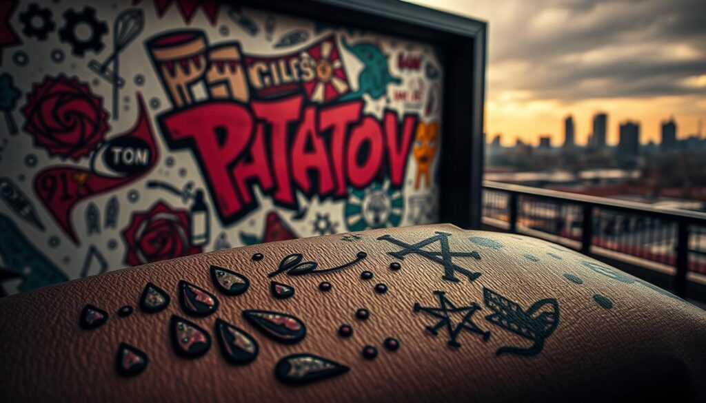 A vibrant and dynamic composition showcasing the influence of prison tattoos in popular culture. In the foreground, a collection of tattoo designs including teardrop symbols, dots, and epaulettes intricately illustrated on a textured surface, evoking a sense of rebellion and complexity. In the middle ground, a backdrop featuring stylized, graffiti-like art that represents modern interpretations of these tattoos in street art and fashion. The background transitions to a soft-focus urban landscape, hinting at a gritty cityscape while maintaining an atmospheric feel. The lighting is dramatic with low-key shadows adding depth, and a slight vignette effect to draw the viewer’s eye to the tattoos. The overall mood is edgy and thought-provoking, reflecting the duality of beauty and darkness in the symbolism of prison tattoos in contemporary culture.