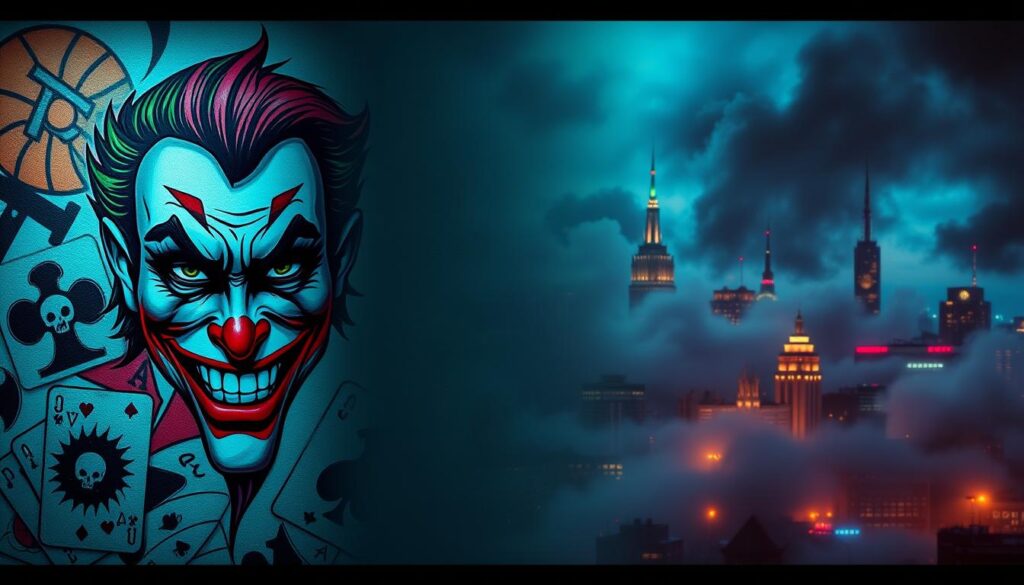 A vibrant and intricate collection of Joker tattoo designs showcasing the character's duality and chaos. In the foreground, highlight a classic Joker face tattoo with exaggerated features, set against a modern graffiti-style backdrop. The middle layer includes an array of tattoo patterns, featuring elements like playing cards, skulls, and chaotic swirls symbolizing madness. The background should display a city skyline shrouded in swirling mist and dim neon lights, evoking an atmosphere of mystery and intrigue. Use dramatic, high-contrast lighting to enhance the colors and create a sense of depth. The composition should feel dynamic, reflecting the essence of madness and disorder that the Joker embodies, making it a striking visual representation for the section on Joker tattoos. A vibrant and intricate collection of Joker tattoo designs showcasing the character's duality and chaos. In the foreground, highlight a classic Joker face tattoo with exaggerated features, set against a modern graffiti-style backdrop. The middle layer includes an array of tattoo patterns, featuring elements like playing cards, skulls, and chaotic swirls symbolizing madness. The background should display a city skyline shrouded in swirling mist and dim neon lights, evoking an atmosphere of mystery and intrigue. Use dramatic, high-contrast lighting to enhance the colors and create a sense of depth. The composition should feel dynamic, reflecting the essence of madness and disorder that the Joker embodies, making it a striking visual representation for the section on Joker tattoos.