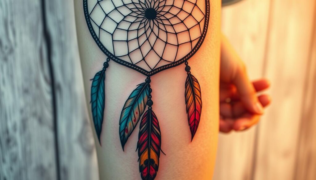 A vibrant and intricate dreamcatcher tattoo design featuring multiple colorful variants, emphasizing a blend of traditional patterns with modern artistic interpretations. In the foreground, the tattoo showcases delicate feathers adorned with splashes of turquoise, crimson, and gold, intricately woven into the dreamcatcher's web. The middle ground displays a softly blurred hand, casually resting against a textured background resembling weathered wood, to evoke a natural feel. The background features an airy, ethereal ambiance with soft pastels, hinting at a sunset, casting a warm glow that enhances the tattoo's colors. The atmosphere is serene and reflective, perfect for inspiring creativity and protection against nightmares. The image should be captured from a slightly elevated angle, with soft, diffused lighting to create a harmonious and soothing effect.