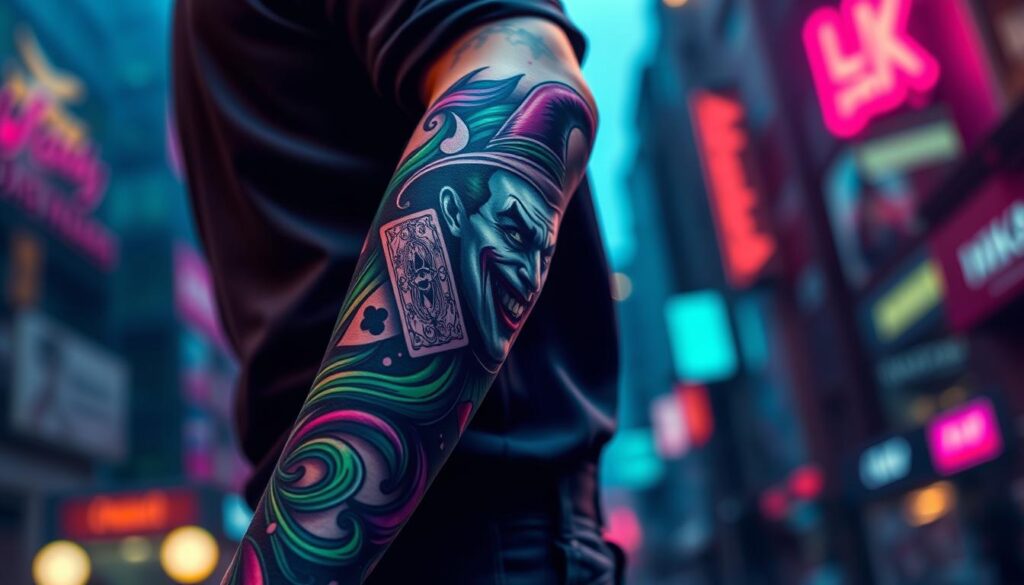 A vibrant and intricate tattoo design inspired by the Joker, emphasizing themes of madness, chaos, and duality. In the foreground, display bold, swirling colors of green, purple, and black, symbolizing unpredictability and risk. Include elements such as playing cards, a jester's hat, and fractured mirrors to reflect the Joker's complex psyche. In the middle layer, showcase a stylized human arm with the tattoo prominently inked, clad in modest casual clothing, exuding a sense of rebellion and intrigue. The background should feature a blurred cityscape at dusk, with neon lights that hint at a chaotic urban life. The lighting should be dramatic, with high contrast to enhance the tattoo’s details, capturing an atmosphere of tension and excitement. A vibrant and intricate tattoo design inspired by the Joker, emphasizing themes of madness, chaos, and duality. In the foreground, display bold, swirling colors of green, purple, and black, symbolizing unpredictability and risk. Include elements such as playing cards, a jester's hat, and fractured mirrors to reflect the Joker's complex psyche. In the middle layer, showcase a stylized human arm with the tattoo prominently inked, clad in modest casual clothing, exuding a sense of rebellion and intrigue. The background should feature a blurred cityscape at dusk, with neon lights that hint at a chaotic urban life. The lighting should be dramatic, with high contrast to enhance the tattoo’s details, capturing an atmosphere of tension and excitement.