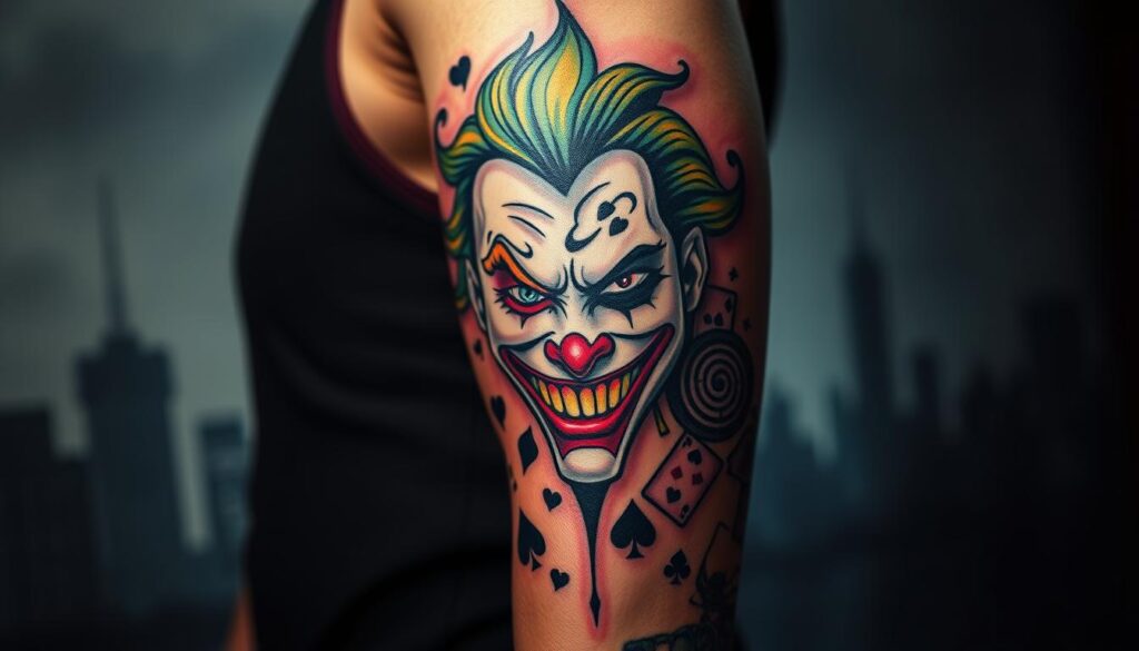 A vibrant and poignant tattoo design inspired by the Joker, showcasing themes of madness, chaos, and duality. In the foreground, a detailed close-up of the tattoo, featuring a stylized Joker face split in half, with one side displaying a maniacal grin and vivid colors, while the other side reveals a somber expression in muted tones. In the middle ground, elements like playing cards and swirling patterns represent chaos and unpredictability, creating a dynamic flow. The background fades into shadowy silhouettes of urban landscapes, symbolizing a cultural context steeped in pop culture. Soft, dramatic lighting highlights the contrast between the bright and dark elements, evoking a sense of intrigue and complexity. The overall mood is both captivating and unsettling, inviting the viewer to reflect on the deeper meanings behind the Joker tattoo. A vibrant and poignant tattoo design inspired by the Joker, showcasing themes of madness, chaos, and duality. In the foreground, a detailed close-up of the tattoo, featuring a stylized Joker face split in half, with one side displaying a maniacal grin and vivid colors, while the other side reveals a somber expression in muted tones. In the middle ground, elements like playing cards and swirling patterns represent chaos and unpredictability, creating a dynamic flow. The background fades into shadowy silhouettes of urban landscapes, symbolizing a cultural context steeped in pop culture. Soft, dramatic lighting highlights the contrast between the bright and dark elements, evoking a sense of intrigue and complexity. The overall mood is both captivating and unsettling, inviting the viewer to reflect on the deeper meanings behind the Joker tattoo.