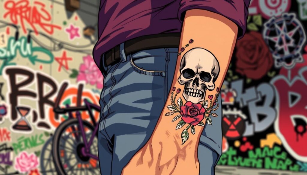 A vibrant illustration showcasing a skull tattoo prominently placed on the forearm of an individual dressed in casual, modest attire, surrounded by elements representing various subcultures. The tattoo is intricately detailed, incorporating memento mori symbols like hourglasses and roses. In the background, a dynamic urban setting is visible, featuring graffiti art and punk-inspired motifs that suggest rebellion and individuality. The lighting is dramatic, casting shadows that enhance the tattoo's details, with a slight depth of field effect to keep the focus on the tattooed arm. The mood is a mix of edgy and contemplative, reflecting themes of mortality and defiance prevalent in subcultural tattoos.