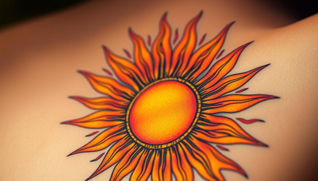 A vibrant tattoo design embodying the essence of the sun, symbolizing power, energy, and new beginnings. In the foreground, a detailed depiction of a stylized sunburst radiating dynamic rays, each adorned with intricate tribal patterns that convey movement and energy. The middle section showcases a blend of warm colors—rich yellows, oranges, and reds—creating a fiery aura surrounding the sun. In the background, a soft gradient transitions to deep blues, suggesting the transition from day to night, enhancing the sun's brilliance. The lighting is bright and hopeful, casting an invigorating glow on the scene. The atmosphere feels uplifting and transformative, reflecting a sense of renewal and vitality. The composition is balanced and harmonious, offering a visual representation of strength and positivity without any text or distractions. A vibrant tattoo design embodying the essence of the sun, symbolizing power, energy, and new beginnings. In the foreground, a detailed depiction of a stylized sunburst radiating dynamic rays, each adorned with intricate tribal patterns that convey movement and energy. The middle section showcases a blend of warm colors—rich yellows, oranges, and reds—creating a fiery aura surrounding the sun. In the background, a soft gradient transitions to deep blues, suggesting the transition from day to night, enhancing the sun's brilliance. The lighting is bright and hopeful, casting an invigorating glow on the scene. The atmosphere feels uplifting and transformative, reflecting a sense of renewal and vitality. The composition is balanced and harmonious, offering a visual representation of strength and positivity without any text or distractions.