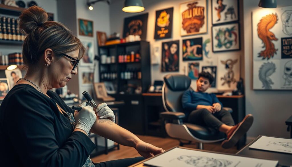 A well-lit tattoo studio interior showcasing a comfortable atmosphere. In the foreground, a skilled tattoo artist, dressed in professional attire, is focused on tattooing a client’s arm. The artist, a middle-aged Caucasian woman, is showcasing her expertise with fine detailing in her work. The client, a young Asian man, sits relaxed in a modern tattoo chair, observing their vibrant artwork displayed on the walls. In the middle ground, tattoo machines, colorful ink bottles, and artistic sketches decorate the workspace, emphasizing professionalism and creativity. Soft, warm lighting enhances the inviting ambiance while casting subtle shadows. In the background, shelves filled with tattoo supplies and artworks create a depth, conveying a sense of experience and skill in the tattooing craft. A well-lit tattoo studio interior showcasing a comfortable atmosphere. In the foreground, a skilled tattoo artist, dressed in professional attire, is focused on tattooing a client’s arm. The artist, a middle-aged Caucasian woman, is showcasing her expertise with fine detailing in her work. The client, a young Asian man, sits relaxed in a modern tattoo chair, observing their vibrant artwork displayed on the walls. In the middle ground, tattoo machines, colorful ink bottles, and artistic sketches decorate the workspace, emphasizing professionalism and creativity. Soft, warm lighting enhances the inviting ambiance while casting subtle shadows. In the background, shelves filled with tattoo supplies and artworks create a depth, conveying a sense of experience and skill in the tattooing craft.