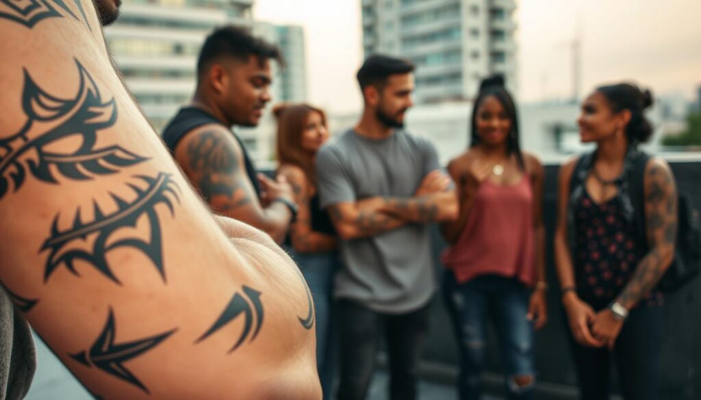 Create an image showcasing modern tribal tattoos, emphasizing their intricate designs and bold patterns. In the foreground, focus on a well-defined arm adorned with a variety of contemporary tribal tattoos featuring sharp lines and flowing shapes, symbolizing strength and creativity. In the middle ground, add a diverse group of individuals in modest casual clothing, displaying their unique tribal tattoos proudly, engaged in conversation. In the background, depict an urban setting that hints at modernity, with soft ambient lighting to create a warm atmosphere. Use a slightly elevated angle to capture the details of the tattoos and the expressions of the individuals, conveying a sense of enthusiasm for these evolving art forms. The overall mood should be one of empowerment and artistic expression, reflecting the revival of tribal tattoo trends.