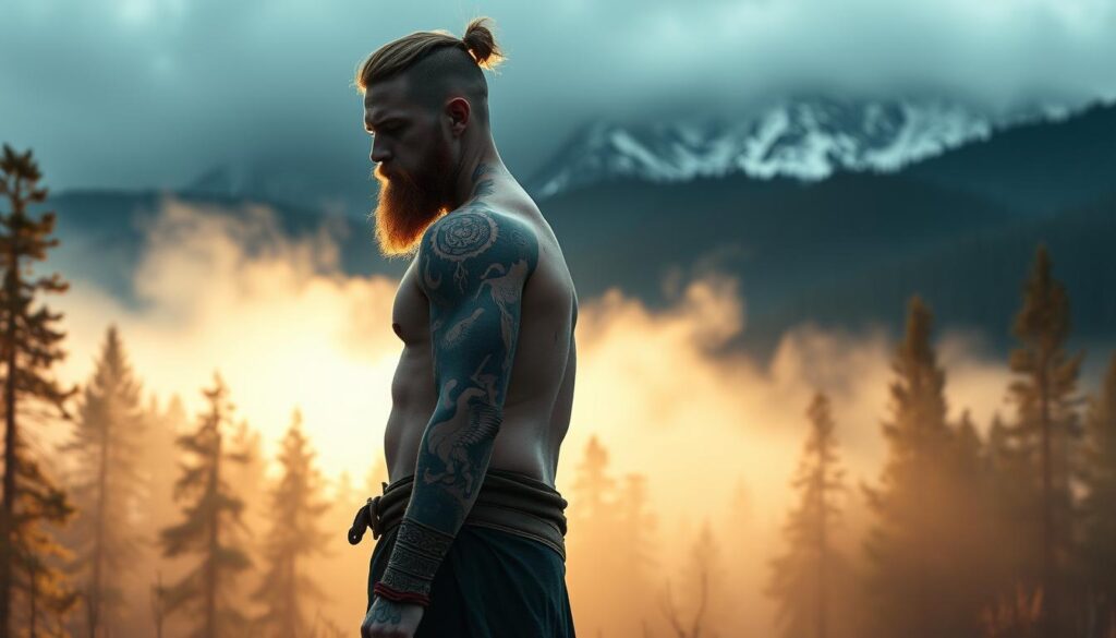 In a captivating composition showcasing Nordic mythology, depict a Viking warrior adorned with intricate tattoos inspired by runes and symbols such as the Vegvísir. The foreground features the warrior in modest clothing, standing confidently, highlighting the detailed tattoos that tell stories of ancient myths. Transitioning to the middle ground, include a mystical forest illuminated by soft, ethereal light, where subtle hints of mythological creatures peek through the trees. In the background, a majestic, fog-covered mountain range echoes the sense of adventure and history. Use a slightly low angle to emphasize the warrior's stature and the grandeur of the landscape. The overall mood should be mystical and reverent, inviting viewers into the world of Nordic heritage and mythology. In a captivating composition showcasing Nordic mythology, depict a Viking warrior adorned with intricate tattoos inspired by runes and symbols such as the Vegvísir. The foreground features the warrior in modest clothing, standing confidently, highlighting the detailed tattoos that tell stories of ancient myths. Transitioning to the middle ground, include a mystical forest illuminated by soft, ethereal light, where subtle hints of mythological creatures peek through the trees. In the background, a majestic, fog-covered mountain range echoes the sense of adventure and history. Use a slightly low angle to emphasize the warrior's stature and the grandeur of the landscape. The overall mood should be mystical and reverent, inviting viewers into the world of Nordic heritage and mythology.