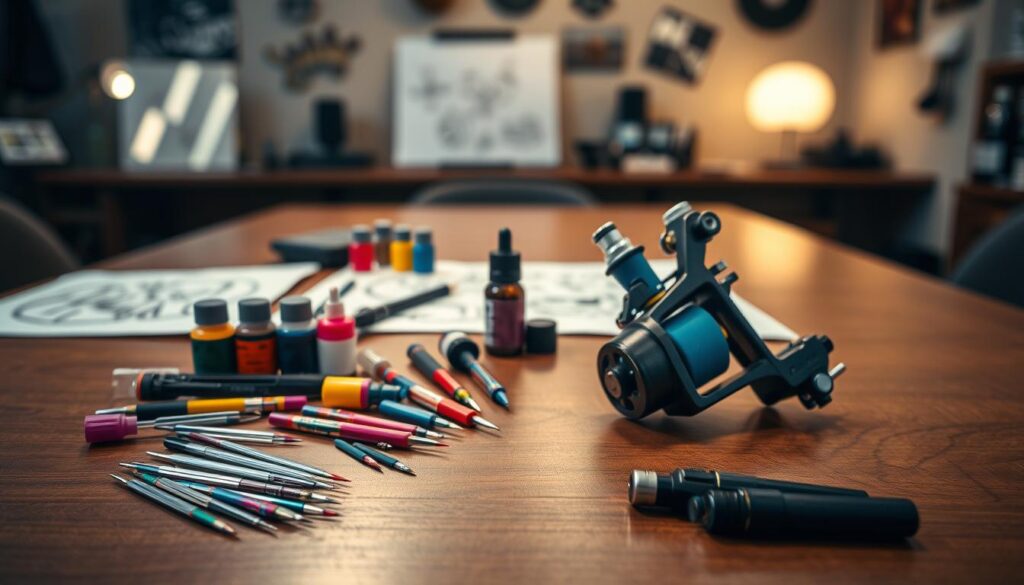 A beautifully arranged collection of tattoo tools on a sleek wooden table. In the foreground, a handpoke tattoo needle set with vibrant colors and various tips sits next to a modern rotary tattoo machine, meticulously designed with intricate details. Scattered around are colorful ink bottles, sterile gloves, and ink caps, all emphasizing a professional setup. The middle ground features a softly lit, open workspace with tattoo designs sketched on paper, suggesting creativity and preparation. In the background, a subtle blurred tattoo studio ambiance with soft lighting enhances the atmosphere of artistry and care. The overall mood is focused and inspiring, inviting viewers into the world of home tattooing. The image captures the essence of safe and intentional preparation for creating body art. A beautifully arranged collection of tattoo tools on a sleek wooden table. In the foreground, a handpoke tattoo needle set with vibrant colors and various tips sits next to a modern rotary tattoo machine, meticulously designed with intricate details. Scattered around are colorful ink bottles, sterile gloves, and ink caps, all emphasizing a professional setup. The middle ground features a softly lit, open workspace with tattoo designs sketched on paper, suggesting creativity and preparation. In the background, a subtle blurred tattoo studio ambiance with soft lighting enhances the atmosphere of artistry and care. The overall mood is focused and inspiring, inviting viewers into the world of home tattooing. The image captures the essence of safe and intentional preparation for creating body art.