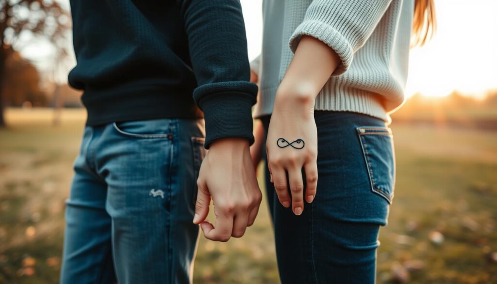 A beautifully composed image of two intertwined tattoos on matching wrists, symbolizing love and individuality. The foreground features close-up views of the delicate designs: one tattoo is a minimalist heart, and the other a subtle infinity symbol, both elegantly inked in black and grey. The middle ground shows the wrists of a couple wearing stylish, modest casual clothing, their hands gently touching as they showcase their tattoos. The background is softly blurred, with a warm, natural lighting that enhances the intimate atmosphere, suggesting a cozy outdoor setting, perhaps a park during golden hour. The overall mood is romantic and tender, capturing the essence of a deep connection and shared commitment. A beautifully composed image of two intertwined tattoos on matching wrists, symbolizing love and individuality. The foreground features close-up views of the delicate designs: one tattoo is a minimalist heart, and the other a subtle infinity symbol, both elegantly inked in black and grey. The middle ground shows the wrists of a couple wearing stylish, modest casual clothing, their hands gently touching as they showcase their tattoos. The background is softly blurred, with a warm, natural lighting that enhances the intimate atmosphere, suggesting a cozy outdoor setting, perhaps a park during golden hour. The overall mood is romantic and tender, capturing the essence of a deep connection and shared commitment.