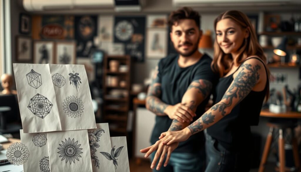 A beautifully composed image showcasing a variety of tattoo designs suitable for both men and women, focusing on forearm tattoos. In the foreground, display a selection of intricate tattoo sketches featuring geometric patterns, floral designs, and abstract art. The middle ground should feature two figures, one male and one female, both wearing casual yet stylish clothing, elegantly showing off their forearm tattoos. The male figure might have a bold tribal design, while the female might display a delicate flower arrangement. In the background, softly blurred, incorporate a workshop space with art supplies and tattoo machines, creating an inviting atmosphere. The lighting should be warm and soft, mimicking natural daylight, enhancing the details of the tattoos. Aim for a modern and artistic vibe that appeals to diverse tastes. A beautifully composed image showcasing a variety of tattoo designs suitable for both men and women, focusing on forearm tattoos. In the foreground, display a selection of intricate tattoo sketches featuring geometric patterns, floral designs, and abstract art. The middle ground should feature two figures, one male and one female, both wearing casual yet stylish clothing, elegantly showing off their forearm tattoos. The male figure might have a bold tribal design, while the female might display a delicate flower arrangement. In the background, softly blurred, incorporate a workshop space with art supplies and tattoo machines, creating an inviting atmosphere. The lighting should be warm and soft, mimicking natural daylight, enhancing the details of the tattoos. Aim for a modern and artistic vibe that appeals to diverse tastes.
