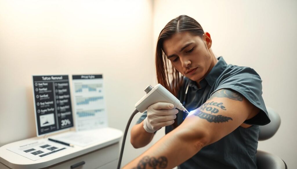 A clean and modern clinic treatment room, focusing on a professional tattoo removal procedure. In the foreground, a qualified practitioner in professional attire, using a laser device, carefully examining the skin of a patient’s arm displaying a visible tattoo. The practitioner has an attentive expression, showcasing diligence and expertise. In the middle ground, important factors influencing tattoo removal effectiveness, such as skin type charts, laser wavelength guides, and price lists are subtly displayed on a nearby table. The background features soft, diffused lighting that creates a calm and reassuring atmosphere, emphasizing cleanliness and professionalism. The overall mood should convey trust, safety, and the advanced technology of tattoo removal treatments. A clean and modern clinic treatment room, focusing on a professional tattoo removal procedure. In the foreground, a qualified practitioner in professional attire, using a laser device, carefully examining the skin of a patient’s arm displaying a visible tattoo. The practitioner has an attentive expression, showcasing diligence and expertise. In the middle ground, important factors influencing tattoo removal effectiveness, such as skin type charts, laser wavelength guides, and price lists are subtly displayed on a nearby table. The background features soft, diffused lighting that creates a calm and reassuring atmosphere, emphasizing cleanliness and professionalism. The overall mood should convey trust, safety, and the advanced technology of tattoo removal treatments.
