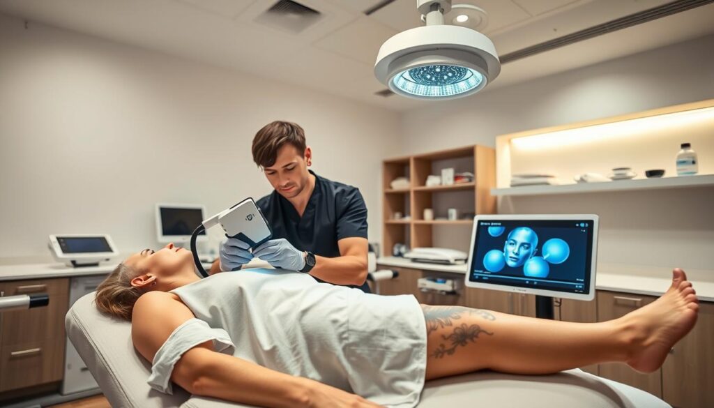 A clinical laser tattoo removal procedure in a modern dermatology clinic. In the foreground, a patient reclines on a comfortable treatment bed, wearing a modest gown. A skilled practitioner in professional attire operates a sleek, state-of-the-art laser device over the patient's arm, focusing on an intricate tattoo. The middle ground features medical equipment, a bright overhead light illuminating the area, and a digital monitor displaying tattoo removal progress. The background showcases a clean, sterile environment with shelves stocked with medical supplies and soothing colors. Bright, even lighting creates a sense of professionalism and reassurance. The atmosphere is calm, conveying a sense of hope and transformation as the laser treatment is underway. A clinical laser tattoo removal procedure in a modern dermatology clinic. In the foreground, a patient reclines on a comfortable treatment bed, wearing a modest gown. A skilled practitioner in professional attire operates a sleek, state-of-the-art laser device over the patient's arm, focusing on an intricate tattoo. The middle ground features medical equipment, a bright overhead light illuminating the area, and a digital monitor displaying tattoo removal progress. The background showcases a clean, sterile environment with shelves stocked with medical supplies and soothing colors. Bright, even lighting creates a sense of professionalism and reassurance. The atmosphere is calm, conveying a sense of hope and transformation as the laser treatment is underway.