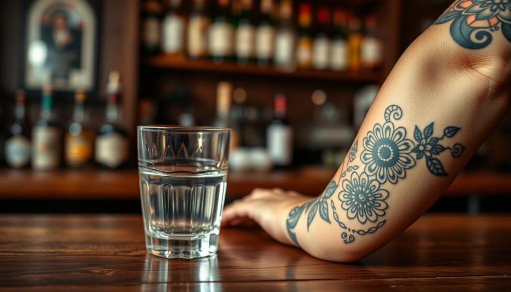 A close-up composition featuring an elegantly inked tattoo on a forearm, showcasing intricate designs of flowers and mandalas. In the foreground, a glass of clear water sits on a wooden table to symbolize hydration and care after tattooing, contrasting with a blurred background of a cozy bar setting. Soft, warm lighting enhances the textures of the tattoo and the glass, creating an inviting atmosphere. In the midground, subtle hints of alcoholic beverage bottles are suggested, emphasizing the theme of alcohol myths related to tattoos. The perspective is slightly angled to focus on the intricate details of the tattoo while maintaining the bar ambiance in the background. The overall mood conveys a balance of cautious care and celebration.