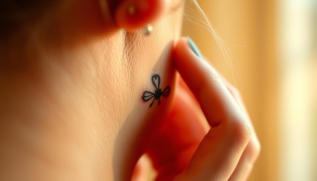 A close-up image depicting the area behind an ear, showcasing a subtle and intricate tattoo design that symbolizes elegance and uniqueness. The skin tone should be realistic, with gentle light highlighting the tattoo's details and the texture of the skin, creating contrast. The atmosphere should evoke a sense of curiosity and contemplation about the pain associated with getting a tattoo in that sensitive area. The background should be softly blurred to keep the focus on the tattoo, with warm, natural lighting to create a calming effect. An elegant and minimalist aesthetic should be maintained, emphasizing the artistry of tattooing while promoting a feeling of reassurance and care in the process. A close-up image depicting the area behind an ear, showcasing a subtle and intricate tattoo design that symbolizes elegance and uniqueness. The skin tone should be realistic, with gentle light highlighting the tattoo's details and the texture of the skin, creating contrast. The atmosphere should evoke a sense of curiosity and contemplation about the pain associated with getting a tattoo in that sensitive area. The background should be softly blurred to keep the focus on the tattoo, with warm, natural lighting to create a calming effect. An elegant and minimalist aesthetic should be maintained, emphasizing the artistry of tattooing while promoting a feeling of reassurance and care in the process.