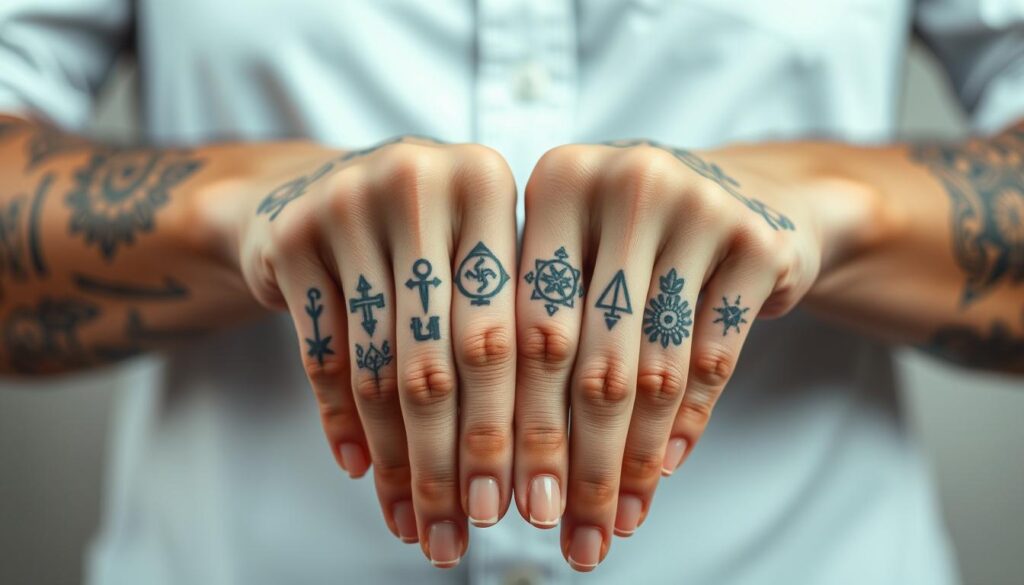 A close-up image of a pair of hands with intricate finger tattoos, showcasing various designs, such as symbols and floral patterns, against a neutral background. In the foreground, focus on the tattoos, emphasizing their fine details and artistry. In the middle ground, show soft lighting that highlights the skin texture and the tattoos' colors, creating a visually appealing contrast. The background should be subtly blurred to keep attention on the hands, enhancing the focus on the beauty and complexity of finger tattoos. The overall mood is thoughtful and introspective, inviting the viewer to consider the pros and cons of finger tattoos, presented in a professional manner, with the hands depicted wearing modest casual clothing. A close-up image of a pair of hands with intricate finger tattoos, showcasing various designs, such as symbols and floral patterns, against a neutral background. In the foreground, focus on the tattoos, emphasizing their fine details and artistry. In the middle ground, show soft lighting that highlights the skin texture and the tattoos' colors, creating a visually appealing contrast. The background should be subtly blurred to keep attention on the hands, enhancing the focus on the beauty and complexity of finger tattoos. The overall mood is thoughtful and introspective, inviting the viewer to consider the pros and cons of finger tattoos, presented in a professional manner, with the hands depicted wearing modest casual clothing.