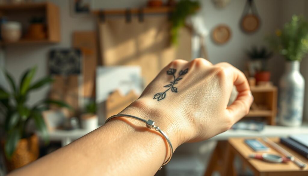 A close-up of a carefully designed tattoo on a wrist, featuring delicate patterns such as floral motifs and geometric shapes. The skin tone is a warm beige, showing subtle textures and details of the tattoo ink. In the foreground, the wrist is adorned with a simple silver bracelet, enhancing the elegance of the tattoo. Soft, natural lighting accentuates the intricate details of the design, creating gentle shadows that add depth. The background is softly blurred, consisting of a cozy, softly lit room with a hint of greenery and art supplies, conveying an atmosphere of creativity and tranquility. The overall mood is inspirational and reflective, ideal for someone considering a wrist tattoo. A close-up of a carefully designed tattoo on a wrist, featuring delicate patterns such as floral motifs and geometric shapes. The skin tone is a warm beige, showing subtle textures and details of the tattoo ink. In the foreground, the wrist is adorned with a simple silver bracelet, enhancing the elegance of the tattoo. Soft, natural lighting accentuates the intricate details of the design, creating gentle shadows that add depth. The background is softly blurred, consisting of a cozy, softly lit room with a hint of greenery and art supplies, conveying an atmosphere of creativity and tranquility. The overall mood is inspirational and reflective, ideal for someone considering a wrist tattoo.