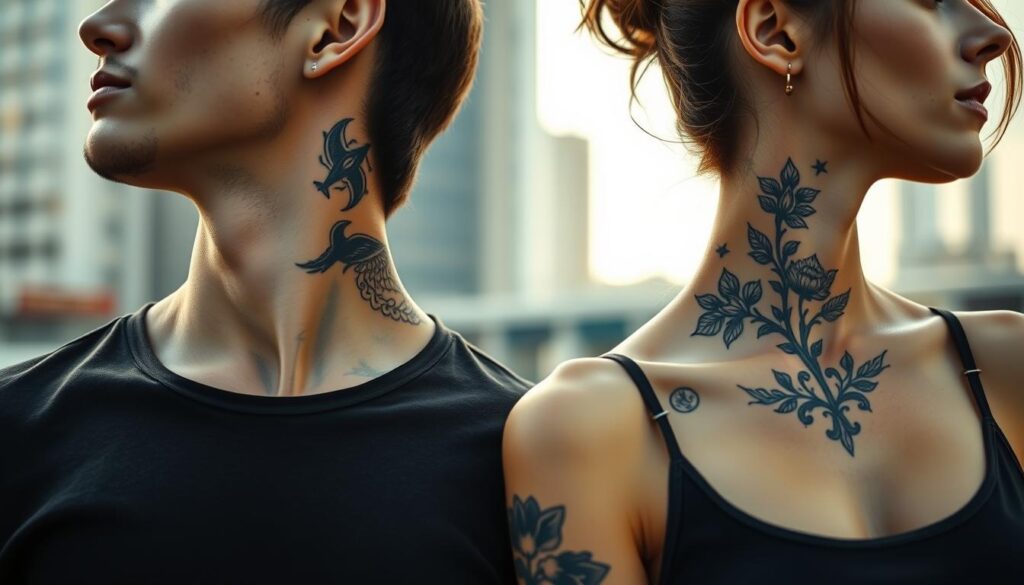 A close-up of a male and female model showcasing various neck tattoo styles, emphasizing intricate designs and bold patterns suitable for both genders. The male model, dressed in a casual fitted shirt, has geometric and tribal tattoos, while the female model, in a modest tank top, features floral and abstract designs. Both models are posed side by side against a softly blurred urban backdrop, reflecting a modern and edgy atmosphere. Natural lighting accentuates the details of the tattoos, with a focus on realism and artistry. The camera angle captures the tattoos in sharp focus, highlighting the creativity and individuality of neck tattoos without any distracting elements.