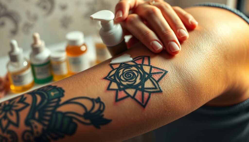A close-up of a well-cared-for tattoo on a person's arm, showcasing intricate details and vibrant colors, with a soft-focus background. The foreground features a hand gently applying a soothing tattoo aftercare lotion, with the tattoo being a geometric design symbolizing strength and resilience. Middle ground elements include a clean, organized workspace with tattoo care products neatly arranged, such as ointments and natural oils, enhancing the sense of care. The lighting is warm and inviting, casting a soft glow that highlights the texture of the skin and the exquisite details of the tattoo. The mood is calm and nurturing, evoking a sense of responsibility and attentiveness in tattoo maintenance. No text or logos present.