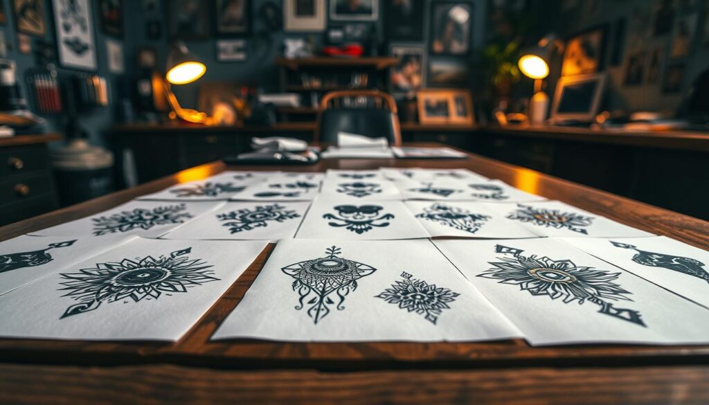 A close-up perspective of a stylish neck tattoo selection display, featuring various designs on paper sheets laid out on a wooden table. The tattoos include bold geometric patterns, intricate floral motifs, and symbolically rich images, appealing to both men and women. In the background, an artist's studio filled with tattoo equipment, softly lit with warm, inviting lighting that creates a cozy atmosphere. A gentle focus on the tattoo designs suggests a sense of care and thoughtfulness in the selection process. The overall mood is artistic and inspiring, reflecting creativity and individuality. Ensure the scene is well-composed with an emphasis on the neck tattoo options, with no people present to maintain focus on the artwork.
