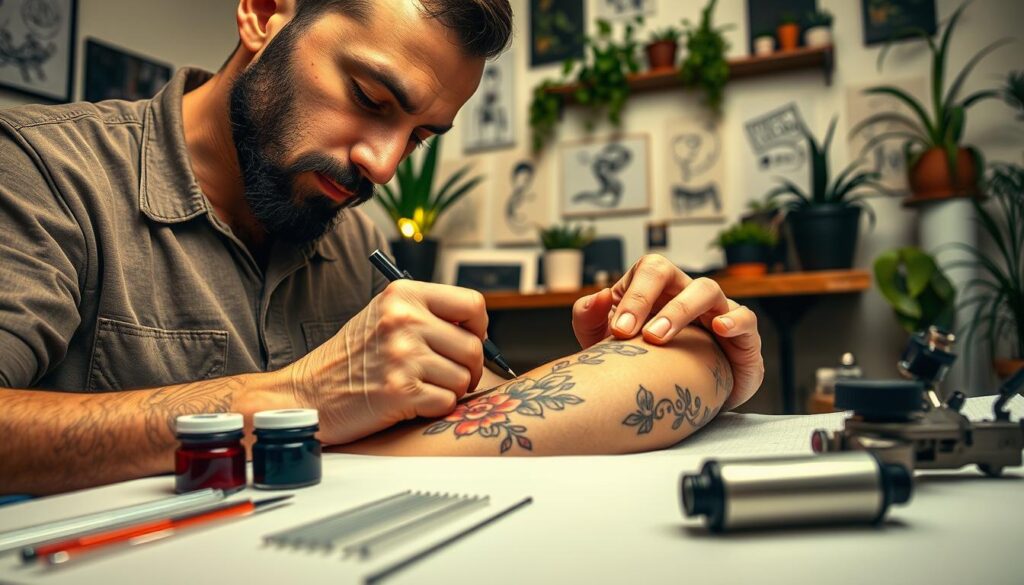 A close-up scene depicting the traditional handpoke tattoo technique. In the foreground, a skilled tattoo artist, dressed in modest casual clothing, carefully applies a needle to a client's skin, showcasing intricate linework of a floral design. The artist's focused expression conveys concentration. In the middle ground, various tattoo supplies are organized neatly—ink pots, sterilized needles, and a tattoo machine—highlighting both handpoke and machine techniques. The background features a softly lit, cozy tattoo studio adorned with design sketches and calming plants, creating an inviting atmosphere. The lighting is warm and gentle, with a slight focus on the hands and tattoo, evoking a sense of artistry and personal connection. A close-up scene depicting the traditional handpoke tattoo technique. In the foreground, a skilled tattoo artist, dressed in modest casual clothing, carefully applies a needle to a client's skin, showcasing intricate linework of a floral design. The artist's focused expression conveys concentration. In the middle ground, various tattoo supplies are organized neatly—ink pots, sterilized needles, and a tattoo machine—highlighting both handpoke and machine techniques. The background features a softly lit, cozy tattoo studio adorned with design sketches and calming plants, creating an inviting atmosphere. The lighting is warm and gentle, with a slight focus on the hands and tattoo, evoking a sense of artistry and personal connection.