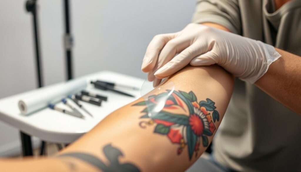 A close-up scene showcasing the technique of applying a protective film on a freshly inked tattoo. In the foreground, show a skilled professional wearing gloves and modest casual clothing, carefully smoothing a transparent second skin film over a colorful tattoo on a client's arm. The client's skin should have vibrant tattoo artwork visible beneath the film. In the middle ground, a small table with tattoo application tools and the film roll is in focus, with soft lighting accentuating the textures of the skin and the film. The background should be softly blurred to emphasize the main action without distractions. The atmosphere is professional and sterile, highlighting precision and care in tattoo aftercare. The lighting is bright and even, simulating a clean studio environment. A close-up scene showcasing the technique of applying a protective film on a freshly inked tattoo. In the foreground, show a skilled professional wearing gloves and modest casual clothing, carefully smoothing a transparent second skin film over a colorful tattoo on a client's arm. The client's skin should have vibrant tattoo artwork visible beneath the film. In the middle ground, a small table with tattoo application tools and the film roll is in focus, with soft lighting accentuating the textures of the skin and the film. The background should be softly blurred to emphasize the main action without distractions. The atmosphere is professional and sterile, highlighting precision and care in tattoo aftercare. The lighting is bright and even, simulating a clean studio environment.