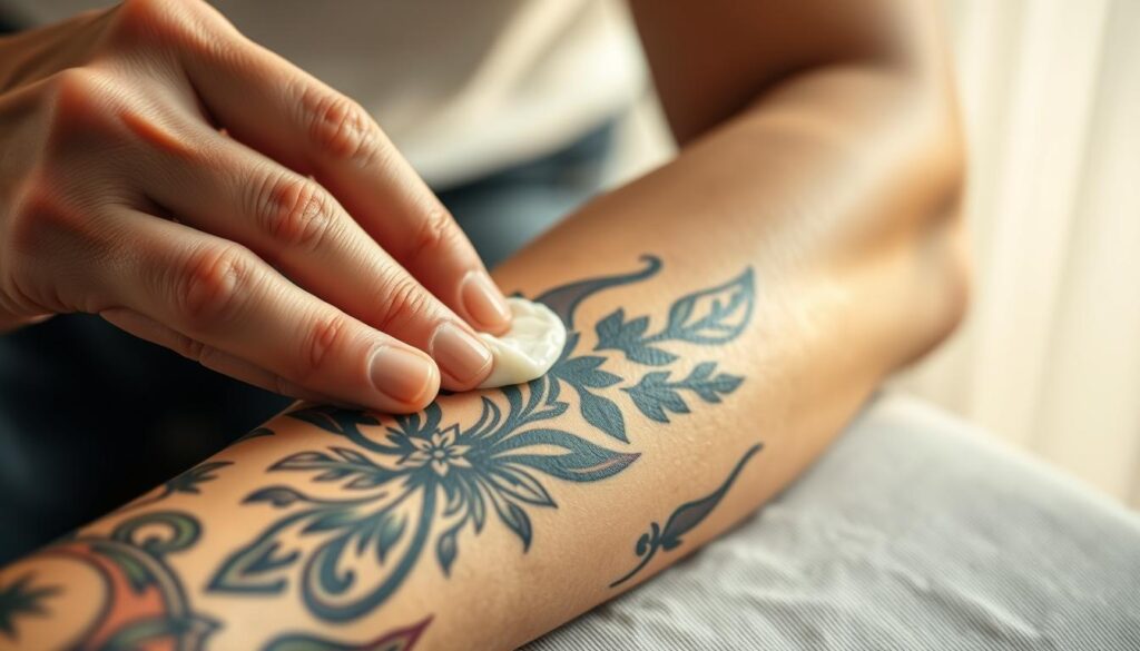 A close-up shot of a well-groomed person gently applying soothing cream on a freshly tattooed arm, highlighting the intricate design of the tattoo. The foreground features the person's hands delicately massaging the cream into the skin, showcasing attention to skin care. The middle ground includes the vibrant colors of the tattoo, emphasizing its detail and artistry, while the background is softly blurred, reinforcing a serene and calm atmosphere. Soft, natural lighting illuminates the scene, creating a warm and welcoming feel. The angle is slightly tilted to provide depth, inviting the viewer to engage with the caring process and promoting skin health before and after a tattoo procedure.