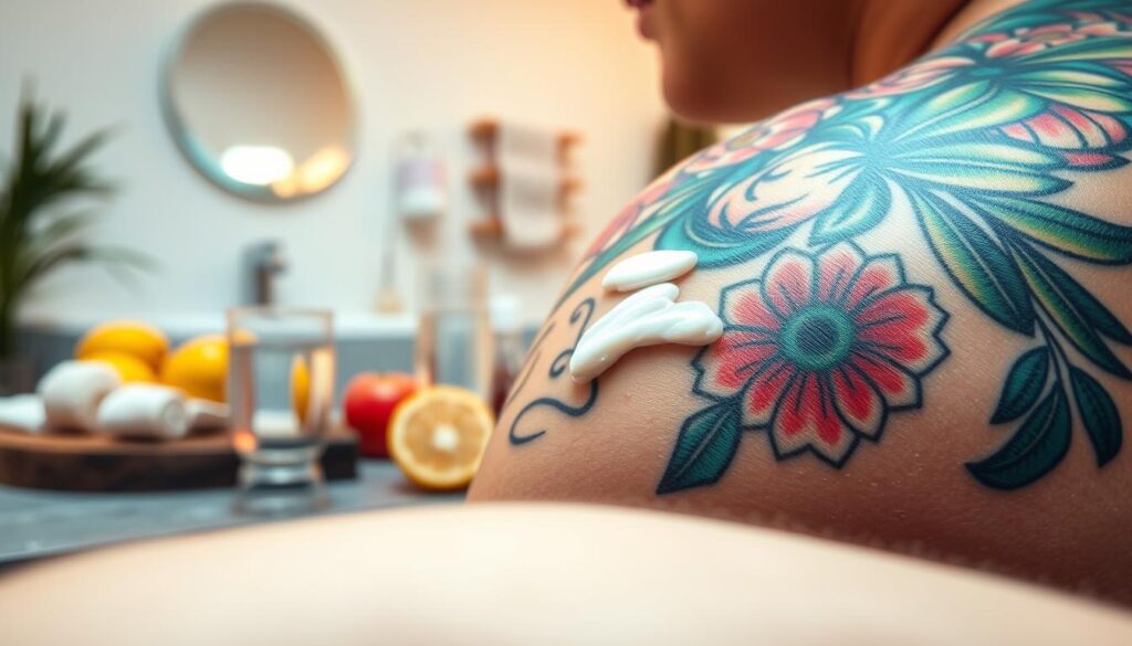 A close-up view of a beautifully designed tattoo on human skin, showcasing vibrant colors and intricate details. In the foreground, focus on the healing process of the tattoo, with a slight sheen of moisturizer applied to the skin, indicating care and attention. In the middle ground, include a variety of elements representing key factors influencing tattoo healing, such as a soothing balm, a glass of water, fresh fruits, and bandages. In the background, depict a softly lit, serene environment, perhaps a clean bathroom or cozy living space, set at a warm angle to enhance the atmosphere of healing and care. The overall mood should be calm and informative, emphasizing the importance of proper aftercare in tattoo healing.