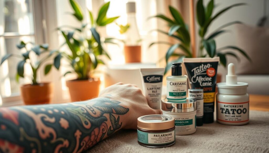A close-up view of a beautifully detailed tattoo on a person's arm, surrounded by skincare products such as creams and ointments specifically designed for tattoo care. In the foreground, the arm is adorned with vibrant ink, showcasing a mix of colors and intricate designs, demonstrating the need for proper tattoo care. The middle ground features a variety of tubes and jars labeled with popular tattoo aftercare brands, all neatly arranged on a soft, inviting surface like a wooden table. In the background, a softly lit room with plants and natural light filtering in through a window creates a calming atmosphere. The focus is sharp on the tattoo and the products, with a warm, inviting glow that emphasizes the importance of proper tattoo maintenance. A close-up view of a beautifully detailed tattoo on a person's arm, surrounded by skincare products such as creams and ointments specifically designed for tattoo care. In the foreground, the arm is adorned with vibrant ink, showcasing a mix of colors and intricate designs, demonstrating the need for proper tattoo care. The middle ground features a variety of tubes and jars labeled with popular tattoo aftercare brands, all neatly arranged on a soft, inviting surface like a wooden table. In the background, a softly lit room with plants and natural light filtering in through a window creates a calming atmosphere. The focus is sharp on the tattoo and the products, with a warm, inviting glow that emphasizes the importance of proper tattoo maintenance.