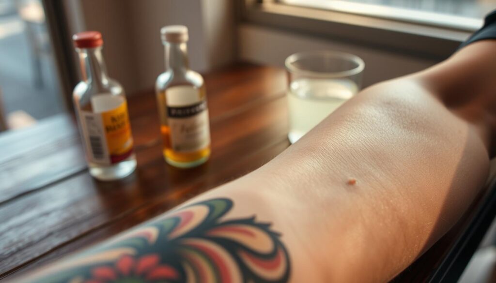 A close-up view of a beautifully inked tattoo on a person's forearm, showcasing intricate details like shading and vibrant colors, with the skin slightly glistening to hint at healing. In the background, soft, blurred images of small bottles of clear alcohol and a glass filled with a light-colored drink sit on a wooden table, suggesting a casual atmosphere. The lighting is warm and inviting, created by soft natural light spilling through a nearby window, casting gentle shadows. The focus is on the tattoo, representing the theme of healing while subtly implying the question of alcohol consumption. The mood is contemplative and serene, ideal for illustrating a thoughtful moment post-tattoo.
