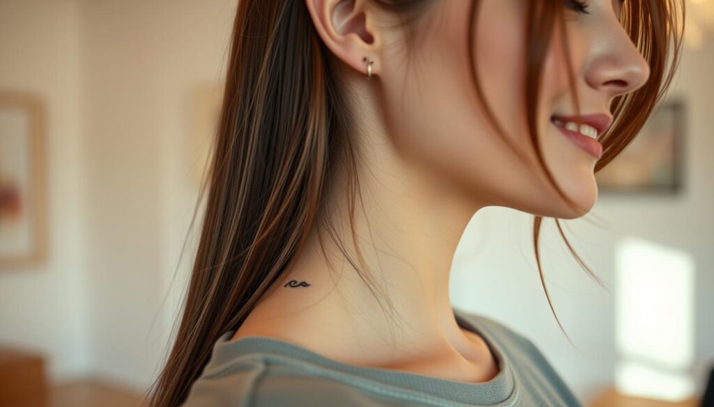 A close-up view of a delicate small tattoo featuring minimalist designs, such as a small wave, a star, and a tiny leaf, located just behind the ear of a model. The model is dressed in modest casual clothing, with long hair partially tucked behind an ear to showcase the tattoo clearly. The lighting is soft and warm, creating an inviting atmosphere, while the background is a blurred indoor setting with pastel colors to emphasize tranquility. Capture the tattoo's intricate details and delicate lines. The overall mood is serene and artistic, portraying the elegance of discreet tattoos. Use a shallow depth of field to focus on the tattoo, with the model softly smiling to convey a sense of comfort and confidence. A close-up view of a delicate small tattoo featuring minimalist designs, such as a small wave, a star, and a tiny leaf, located just behind the ear of a model. The model is dressed in modest casual clothing, with long hair partially tucked behind an ear to showcase the tattoo clearly. The lighting is soft and warm, creating an inviting atmosphere, while the background is a blurred indoor setting with pastel colors to emphasize tranquility. Capture the tattoo's intricate details and delicate lines. The overall mood is serene and artistic, portraying the elegance of discreet tattoos. Use a shallow depth of field to focus on the tattoo, with the model softly smiling to convey a sense of comfort and confidence.