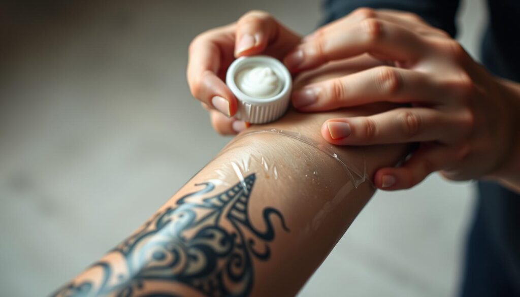 A close-up view of a forearm showcasing a freshly tattooed design under a protective film, emphasizing the importance of tattoo care during the healing process. In the foreground, focus on the detailed texture of the tattoo and the glossy sheen of the protective layer. In the middle, include hands gently applying a soothing ointment to the area, highlighting care and protection techniques. The background should feature soft, ambient lighting to create a calm atmosphere, with neutral tones to keep the focus on the tattoo. Capture this scene from a slightly elevated angle, creating a sense of intimacy and encouraging viewers to appreciate the delicate nature of tattoo healing. A close-up view of a forearm showcasing a freshly tattooed design under a protective film, emphasizing the importance of tattoo care during the healing process. In the foreground, focus on the detailed texture of the tattoo and the glossy sheen of the protective layer. In the middle, include hands gently applying a soothing ointment to the area, highlighting care and protection techniques. The background should feature soft, ambient lighting to create a calm atmosphere, with neutral tones to keep the focus on the tattoo. Capture this scene from a slightly elevated angle, creating a sense of intimacy and encouraging viewers to appreciate the delicate nature of tattoo healing.