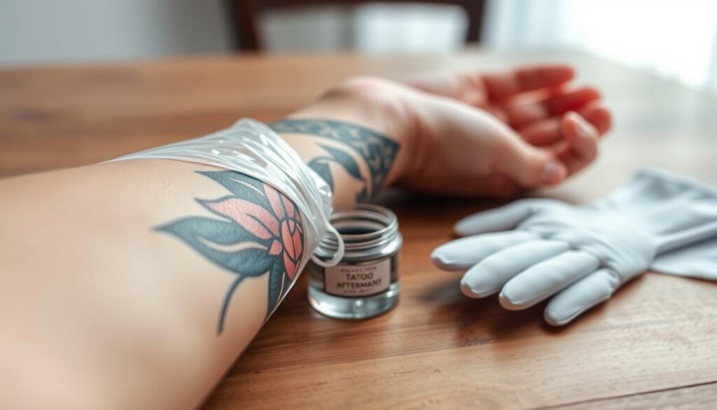 A close-up view of a fresh tattoo on a person's forearm, showcasing vibrant colors and intricate details of the design. The skin around the tattoo is gently covered with a transparent protective film, hinting at the first steps of tattoo aftercare. In the foreground, focus on the tattoo, with soft, natural lighting illuminating the skin to enhance the colors and contours. In the middle ground, include a small, elegant glass jar of tattoo aftercare ointment and a clean pair of gloves, setting a safe and professional atmosphere. The background should be softly blurred, featuring a wooden table, to create a cozy and inviting mood. Overall, the image should convey a sense of care and attention to detail in tattoo aftercare.