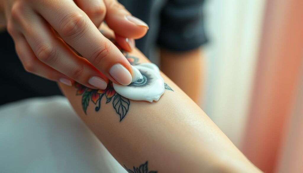 A close-up view of a hand applying a tattoo care cream on a freshly inked tattoo located on the forearm. The tattoo design features intricate floral patterns in vibrant colors, showcasing the artistry of the tattoo. In the foreground, the hand is depicted with well-manicured nails, gently rubbing the cream into the skin, emphasizing careful tattoo maintenance. The middle ground showcases the shiny, smooth texture of the skin, reflecting soft natural light to highlight the tattoo's details. The background is softly blurred, perhaps featuring neutral or pastel tones to keep the focus on the tattoo and the application process. The overall atmosphere is calm and instructional, suggesting gentleness and care in the tattoo upkeep.
