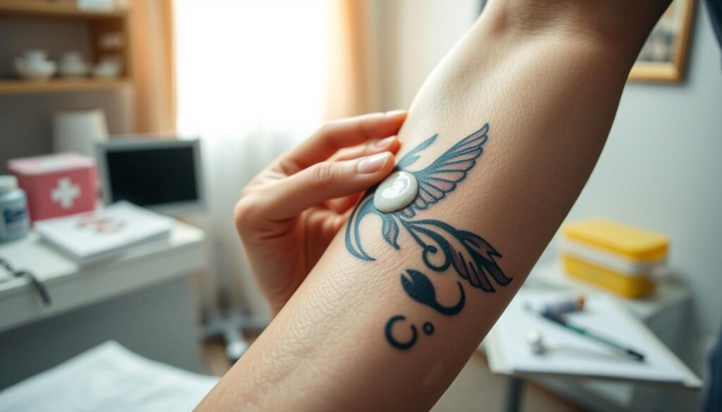 A close-up view of a healing tattoo on a forearm, showcasing vibrant ink colors slowly fading into the skin. The foreground features a hand gently applying a soothing ointment, highlighting the care taken in the healing process. The middle ground displays the tattoo, a striking design of intricate patterns or nature elements, partially surrounded by a clean, sterile setting with medical supplies nearby. In the background, there's a softly lit room, evoking a calm atmosphere with diffused natural light streaming through a window. The scene captures a moment of tenderness and attentiveness, emphasizing the importance of proper care during the healing phase, illustrating the contrast between the beauty of the tattoo and the need for healing after the procedure.