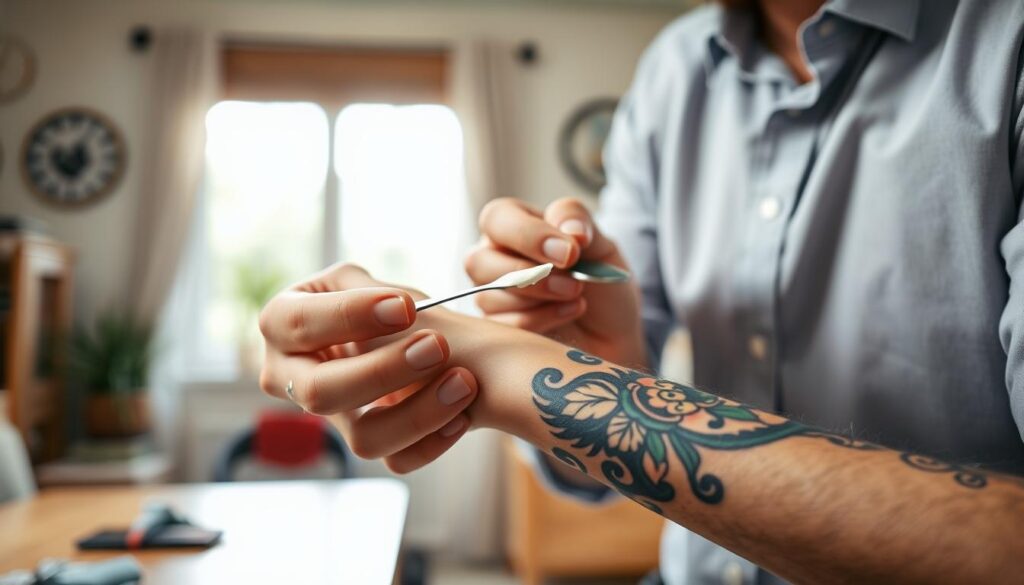 A close-up view of a person in smart casual clothing carefully applying a cream to a vibrant, freshly-inked tattoo on their forearm. The scene captures the attention to detail as the individual uses a small spatula to spread the cream evenly, ensuring no area is missed. The background is softly blurred, showcasing a homey atmosphere with natural lighting filtering through a window, creating a warm and inviting ambiance. The focus is on the tattoo's intricate designs, highlighting the contrast between the skin tone and the colorful ink. The overall mood is calm and informative, aiming to convey the importance of proper tattoo care and techniques. A close-up view of a person in smart casual clothing carefully applying a cream to a vibrant, freshly-inked tattoo on their forearm. The scene captures the attention to detail as the individual uses a small spatula to spread the cream evenly, ensuring no area is missed. The background is softly blurred, showcasing a homey atmosphere with natural lighting filtering through a window, creating a warm and inviting ambiance. The focus is on the tattoo's intricate designs, highlighting the contrast between the skin tone and the colorful ink. The overall mood is calm and informative, aiming to convey the importance of proper tattoo care and techniques.