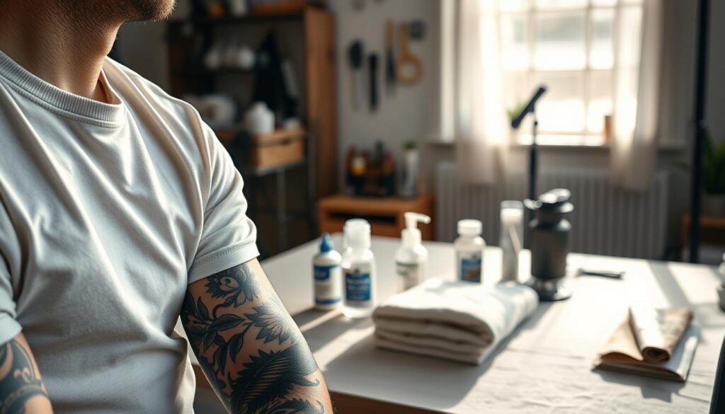 A close-up view of a person’s arm showcasing a beautifully detailed tattoo sleeve in the foreground, highlighted by soft, natural lighting. The person is wearing a simple, professional short-sleeve shirt, allowing the intricate designs of the tattoo to be the focal point. In the middle ground, there is a well-organized tattoo care setup, including tattoo ointments, antiseptic wipes, and a clean towel. The background features a calming studio environment, with art tools neatly arranged and soft, diffused light spilling in through a window, creating a serene and welcoming atmosphere. The overall mood is one of preparation and care, emphasizing the importance of tattoo maintenance post-session.
