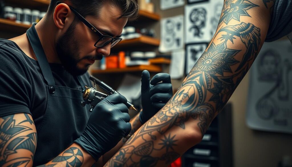 A close-up view of a professional tattoo artist meticulously working on a full sleeve tattoo on a client's arm. The tattoo design features intricate motifs blending geometric patterns and nature elements, showcasing a balance of detail and artistry. In the foreground, the artist, wearing a black apron and gloves, focuses intensely, holding a tattoo machine with precision, illuminated by soft, focused studio lighting that highlights the vibrant colors of the ink. The middle section reveals the client's arm, adorned with the partially completed tattoo, the skin appearing smooth and well-cared-for. In the background, shelves filled with tattoo supplies and design sketches create a creative, working atmosphere. The overall mood is artistic and professional, reflecting a meticulous approach to tattoo artistry and the planning involved in creating a sleeve tattoo.