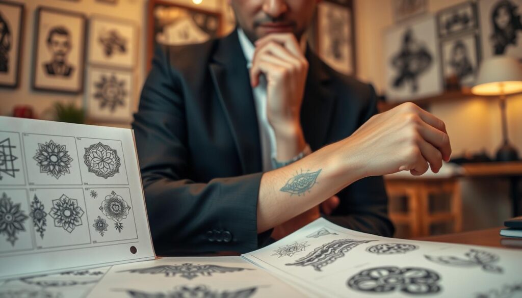 A close-up view of a stylish forearm tattoo design selection, showcasing a variety of intricate patterns suitable for both men and women. In the foreground, display detailed sketches and digital mockups of tattoo ideas, including geometric shapes, floral designs, and tribal motifs. The middle ground features a person in professional casual attire, thoughtfully examining the designs, with their forearm prominently displayed featuring a subtle, artistic tattoo. In the background, a softly blurred tattoo studio setting, with warm lighting creating an inviting atmosphere. Capture a sense of creativity and contemplation, highlighting the art of tattoo selection. Use a soft-focus lens to enhance the mood and an eye-level angle to engage viewers directly. A close-up view of a stylish forearm tattoo design selection, showcasing a variety of intricate patterns suitable for both men and women. In the foreground, display detailed sketches and digital mockups of tattoo ideas, including geometric shapes, floral designs, and tribal motifs. The middle ground features a person in professional casual attire, thoughtfully examining the designs, with their forearm prominently displayed featuring a subtle, artistic tattoo. In the background, a softly blurred tattoo studio setting, with warm lighting creating an inviting atmosphere. Capture a sense of creativity and contemplation, highlighting the art of tattoo selection. Use a soft-focus lens to enhance the mood and an eye-level angle to engage viewers directly.