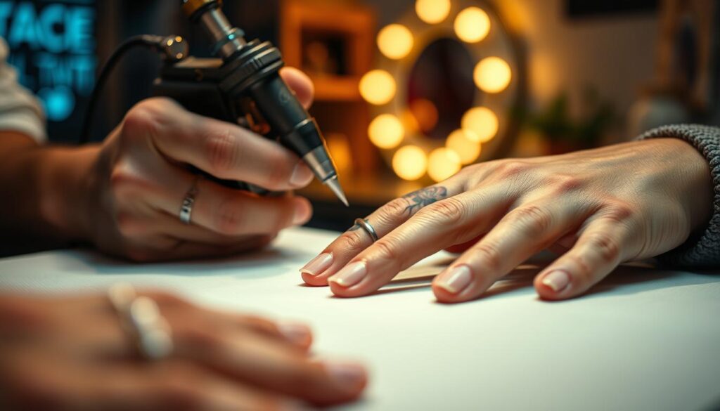 A close-up view of a tattoo artist’s hands skillfully working on intricate finger tattoos. The foreground features well-groomed hands adorned with minimal, stylish rings, gently holding a client’s hand whose fingers are resting on a clean, white surface. The tattoo machine emits a soft glow, highlighting its metallic components. In the middle ground, the tattoo needle is poised above a delicate floral design being inked onto the skin, showcasing intricate details and vibrant colors. The background is softly blurred, featuring a cozy tattoo studio environment with dim, warm lighting that adds an inviting atmosphere. The overall mood conveys focus and artistry, capturing the intimate process of tattooing on fingers while emphasizing the tattoo's elegance and artistry. A close-up view of a tattoo artist’s hands skillfully working on intricate finger tattoos. The foreground features well-groomed hands adorned with minimal, stylish rings, gently holding a client’s hand whose fingers are resting on a clean, white surface. The tattoo machine emits a soft glow, highlighting its metallic components. In the middle ground, the tattoo needle is poised above a delicate floral design being inked onto the skin, showcasing intricate details and vibrant colors. The background is softly blurred, featuring a cozy tattoo studio environment with dim, warm lighting that adds an inviting atmosphere. The overall mood conveys focus and artistry, capturing the intimate process of tattooing on fingers while emphasizing the tattoo's elegance and artistry.