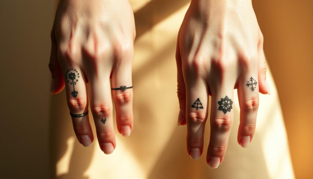 A close-up view of hands showcasing popular finger tattoos, featuring a variety of intricate designs such as delicate floral patterns, geometric shapes, small symbols, and minimalist art. The hands, adorned with stylish rings, are posed gracefully against a soft, neutral background that highlights the tattoos. The lighting is warm and natural, casting gentle shadows that accentuate the details of the ink. The image should evoke a sense of creativity and personal expression, inviting viewers to explore the unique art of finger tattoos. The angle must capture the tattoos clearly while maintaining focus on the elegance of the hands. A close-up view of hands showcasing popular finger tattoos, featuring a variety of intricate designs such as delicate floral patterns, geometric shapes, small symbols, and minimalist art. The hands, adorned with stylish rings, are posed gracefully against a soft, neutral background that highlights the tattoos. The lighting is warm and natural, casting gentle shadows that accentuate the details of the ink. The image should evoke a sense of creativity and personal expression, inviting viewers to explore the unique art of finger tattoos. The angle must capture the tattoos clearly while maintaining focus on the elegance of the hands.