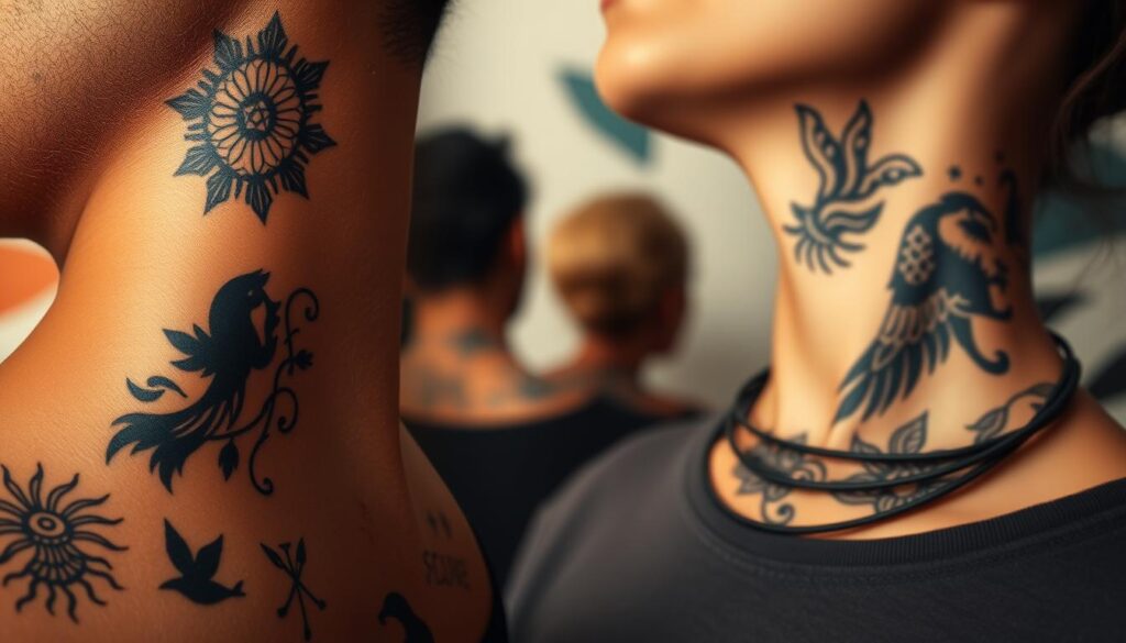 A collection of intricate and bold neck tattoo designs, showcasing a variety of artistic styles. In the foreground, feature a close-up of a neck adorned with a striking geometric design, colorful floral elements, and delicate line work. Include silhouettes of various designs to give a sense of diversity, such as tribal patterns, minimalist art, and nature-inspired motifs. In the middle ground, depict subtle hints of additional tattoo styles wrapped around a model's neck, ensuring they are dressed in modest casual clothing to maintain professionalism. In the background, softly blurred abstract shapes create a dynamic atmosphere, enhancing the focus on the tattoos. The lighting is soft and warm, spotlighting the tattoos while casting gentle shadows, creating an inviting and creative ambiance.