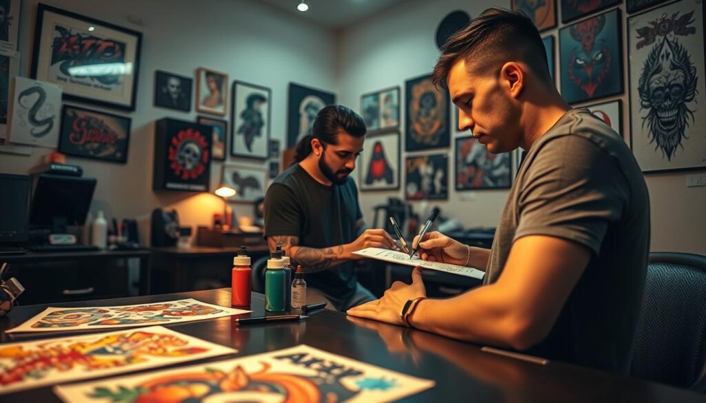 A cozy, well-lit tattoo studio with a welcoming atmosphere, showcasing a professional tattoo artist in modest casual clothing, engaged with a focused client. In the foreground, there are colorful tattoo designs displayed on a table, emphasizing creativity. The middle ground features the artist attentively illustrating a detailed tattoo concept on paper, surrounded by tattoo supplies like ink bottles and needles. In the background, the studio is adorned with eye-catching artwork on the walls, varying from completed tattoos to inspirational designs. Soft, warm lighting illuminates the scene, creating an inviting ambiance. A camera angle captures this intimate moment from a slightly elevated perspective, highlighting the collaboration between the artist and client, symbolizing the importance of choosing the right tattoo artist.